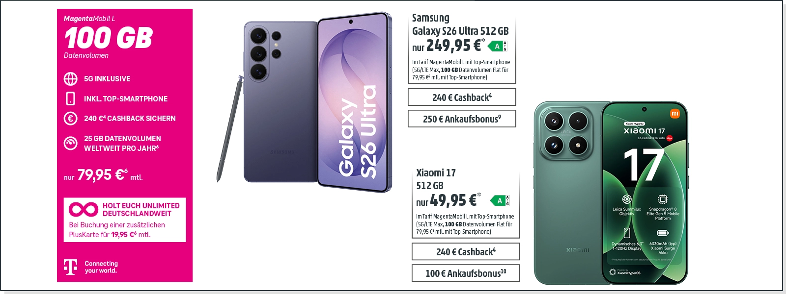 Telekom MagentaMobil L 100 GB mit Samsung Galaxy S26 Ultra und Xiaomi 17 Angebot