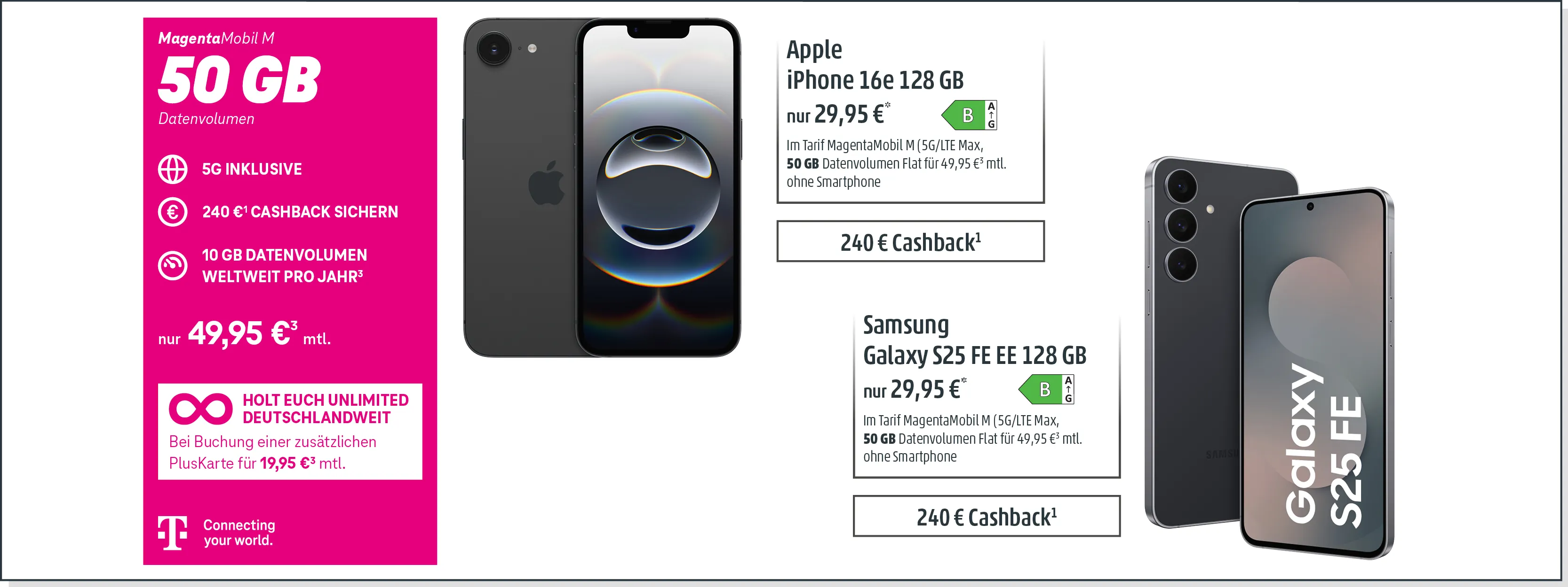 Werbeanzeige für MagentaMobil M Tarif mit 50 GB Datenvolumen, 5G, Cashback und iPhone 16e oder Samsung Galaxy S25 FE.