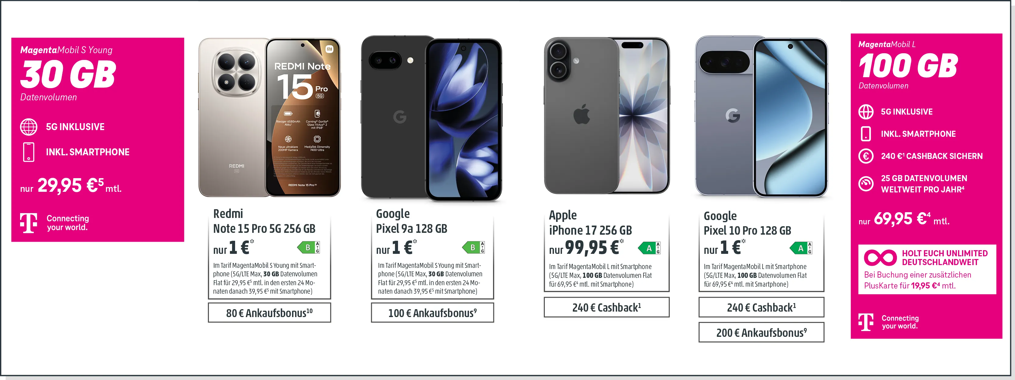 Telekom-Tarifangebot mit 5G, Smartphones wie iPhone, Google Pixel und Redmi Note 15 Pro.