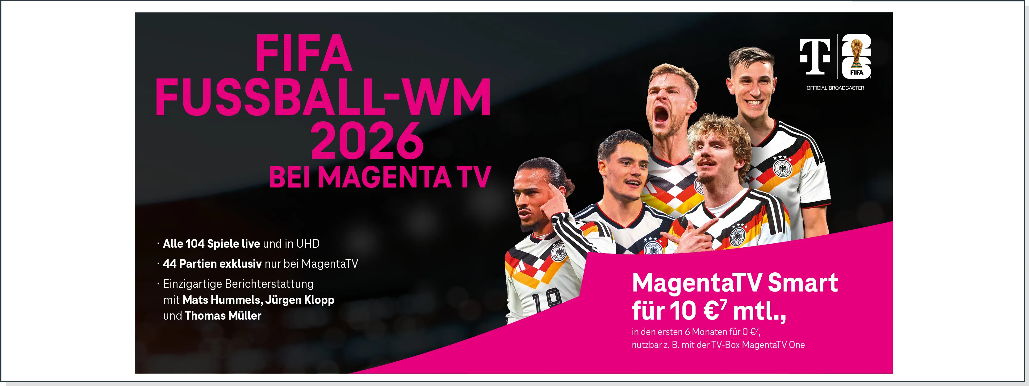 Werbebanner für die FIFA Fußball-WM 2026 bei MagentaTV mit jubelnden Nationalspielern.