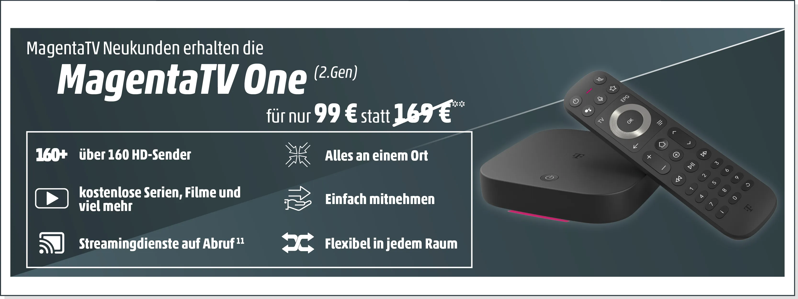 MagentaTV One Angebot für Neukunden mit HD-Sendern, Streaming und Fernbedienung.