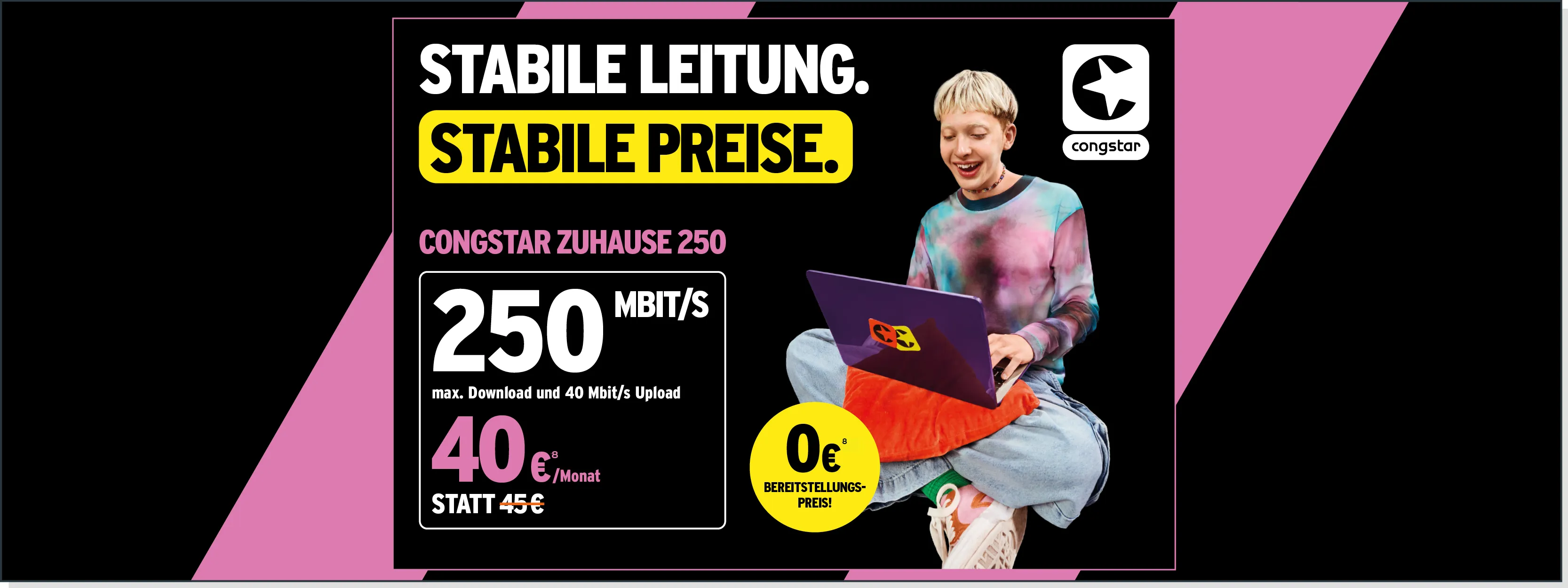 Junge Person surft mit Laptop, bewirbt Congstar Internet mit 250 Mbit/s stabilem Anschluss.