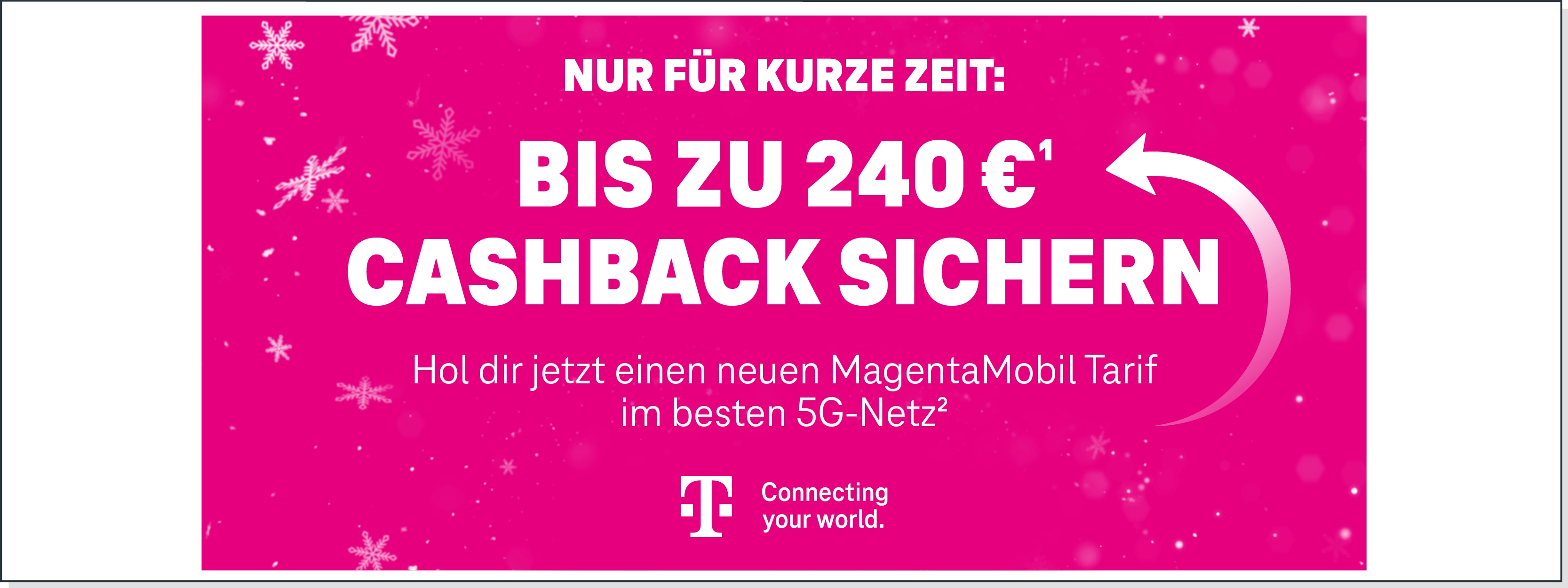 Winterliches Telekom Banner mit Cashback Aktion für MagentaMobil Tarif im 5G-Netz.