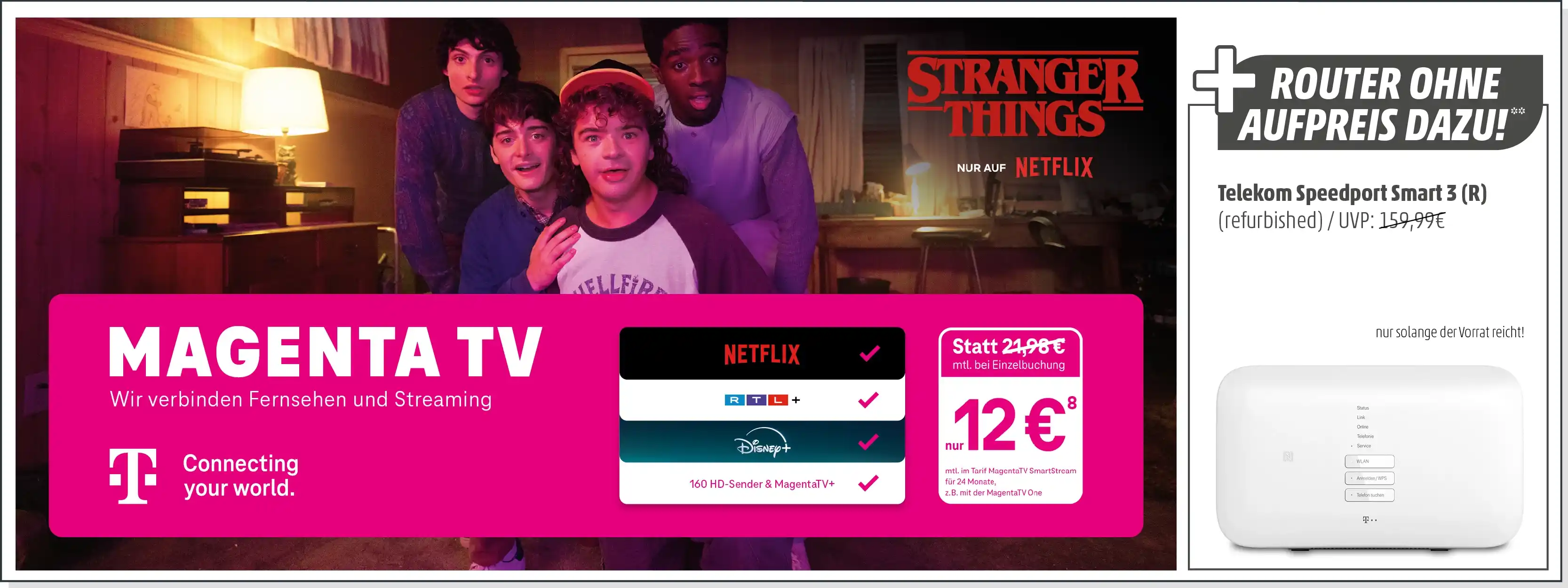 MagentaTV Angebot mit Netflix, Disney+ und RTL+, dazu Telekom Speedport Router gratis.