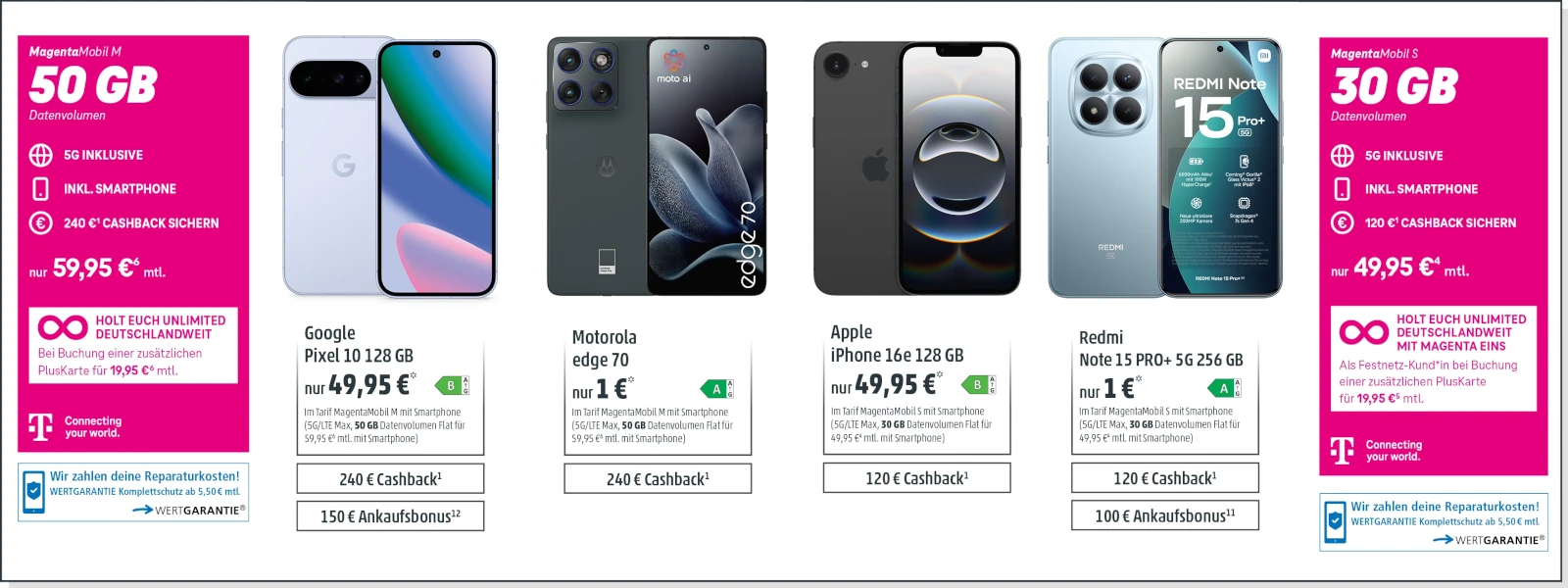 Telekom-Angebot mit 5G-Tarifen, Smartphones wie Pixel, iPhone, Motorola, Redmi und Cashback.